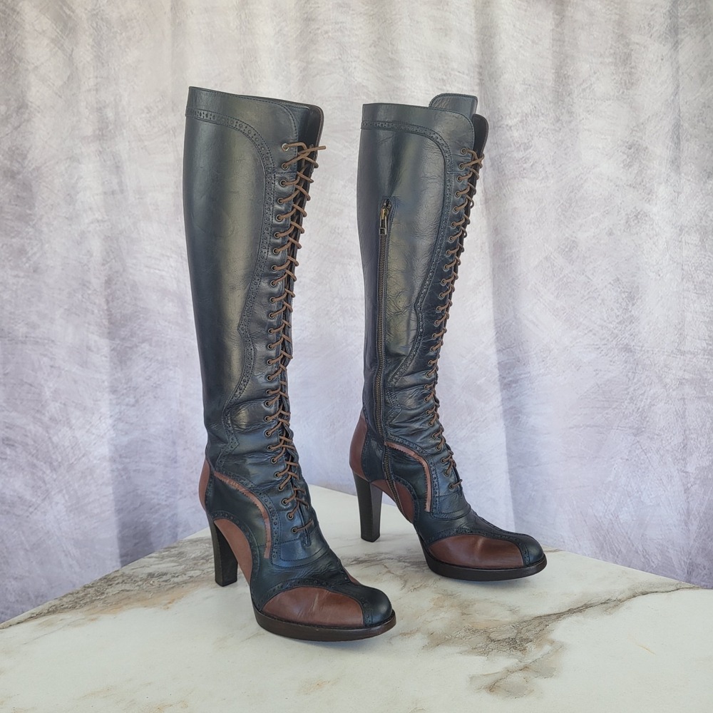 Max Mara Size 38 Chunky High Heel Knee High Brogue Lace Up Boots